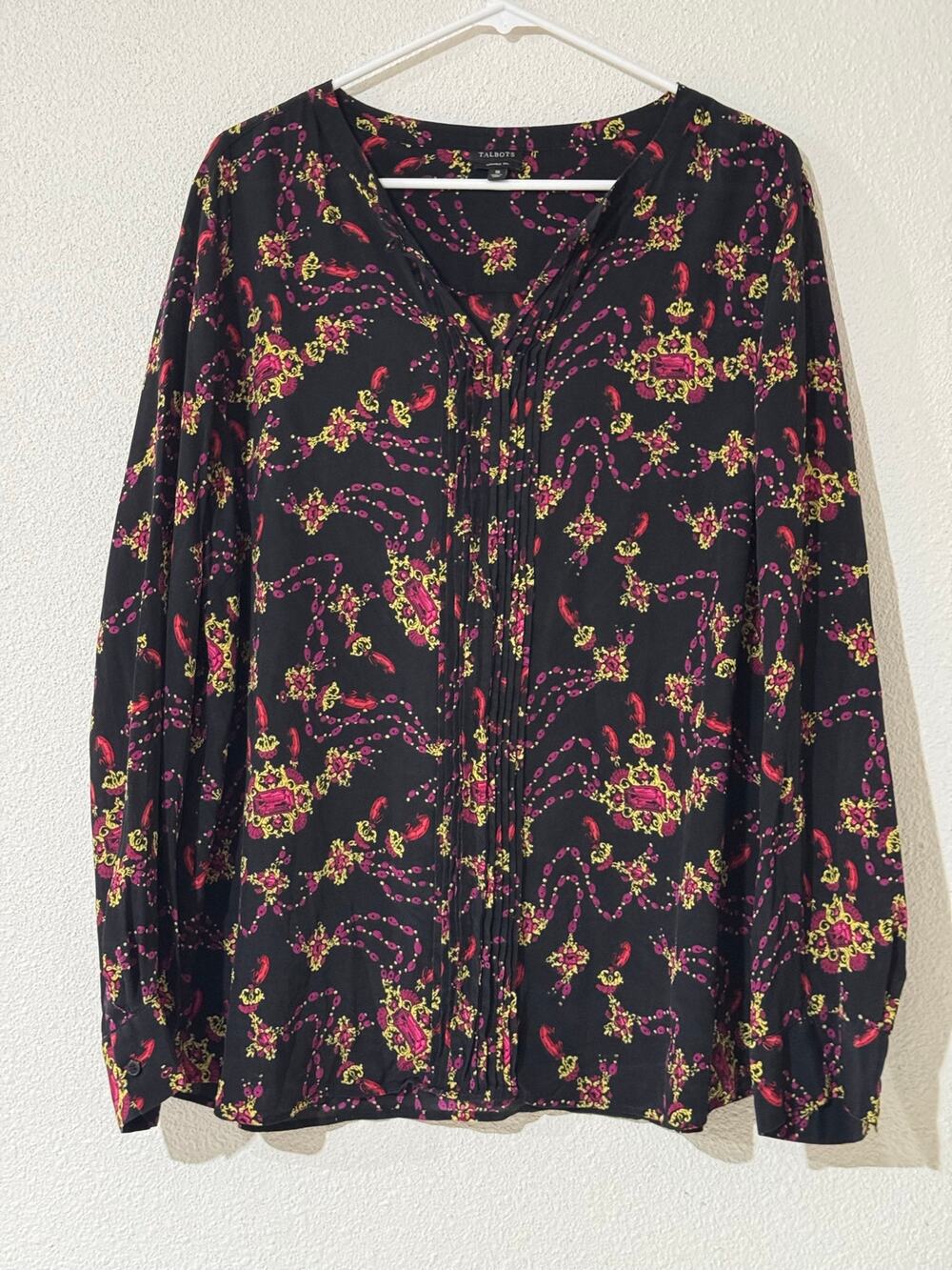Talbots Luxury Washable 100% Silk Royal Chain Gemstone Print Shirt Sz 18 Chic